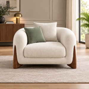 Modern Cream Bouclé Sofa Chair with Wooden Accents